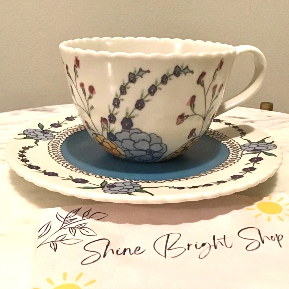 Anthropologie Turkuaz Kitchen Teacup and Saucer Handpainted Stoneware NIB NWT